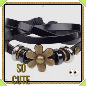 🆕✅ BLACK LEATHER BRACELET WITH BRONZE DAISY